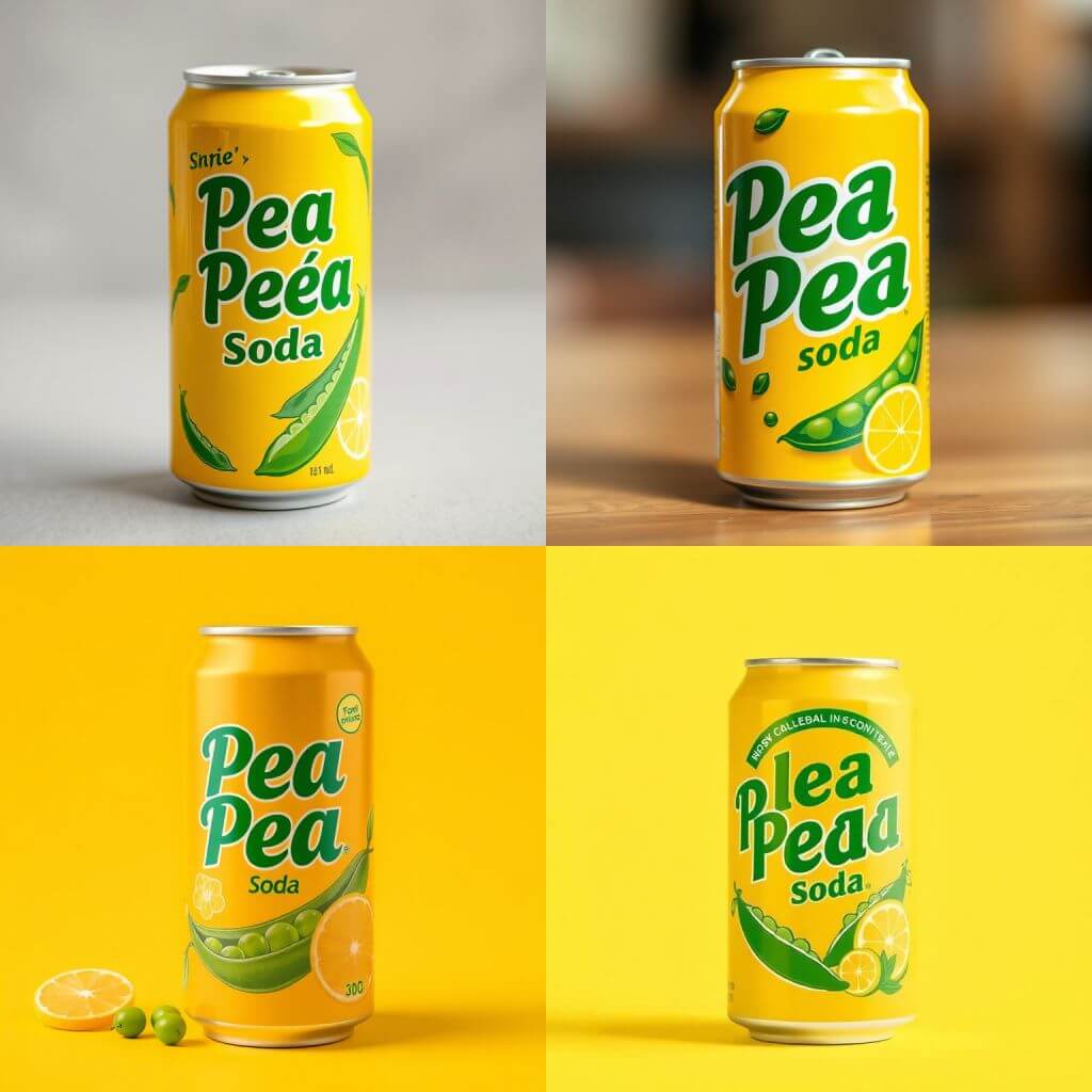 A few examples of Pea Pea Soda generated with Flux Schnell